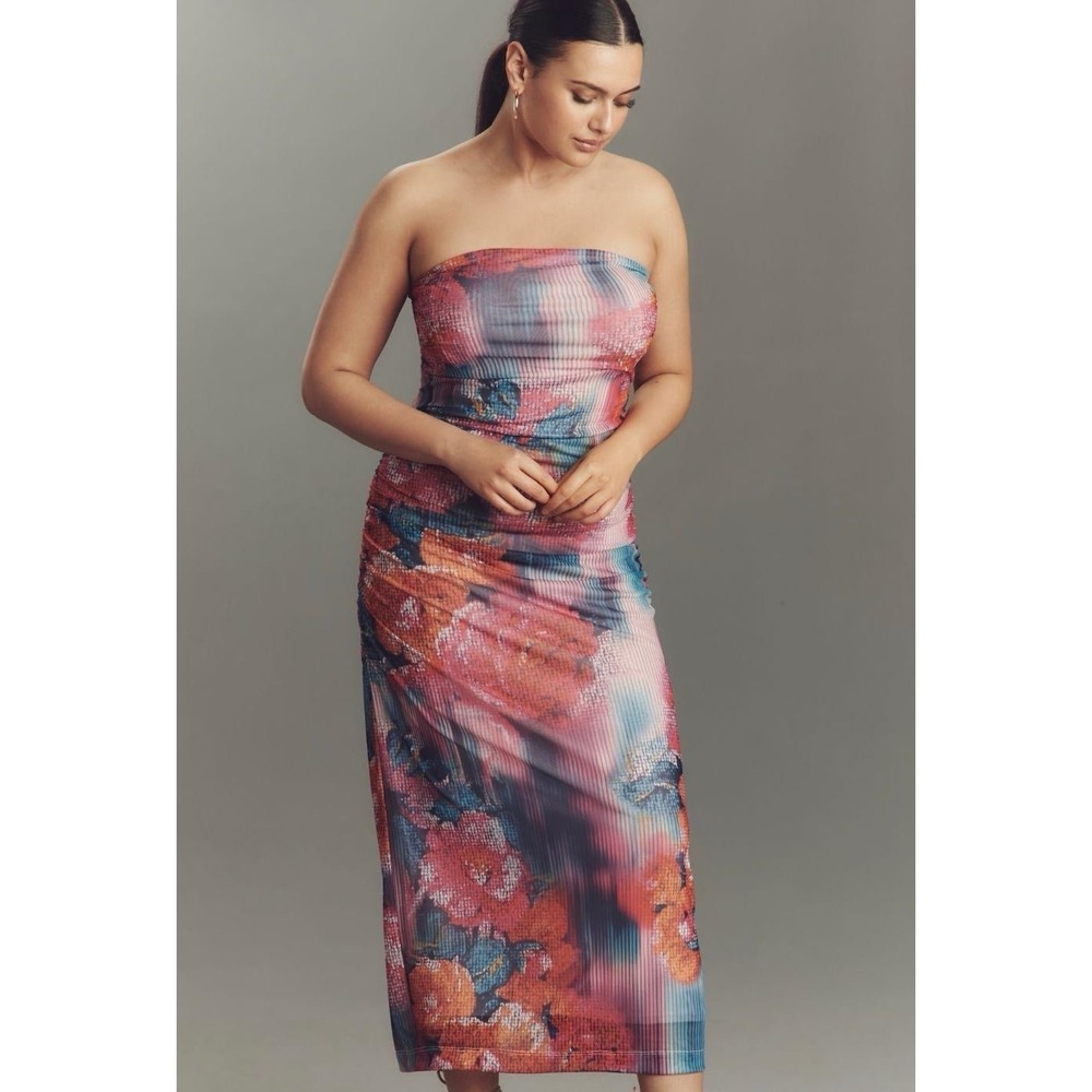 ANTHROPOLOGIE New Soleil Slim Strapless Midi‎ Dress 3X PLUS Ruched Mesh Floral